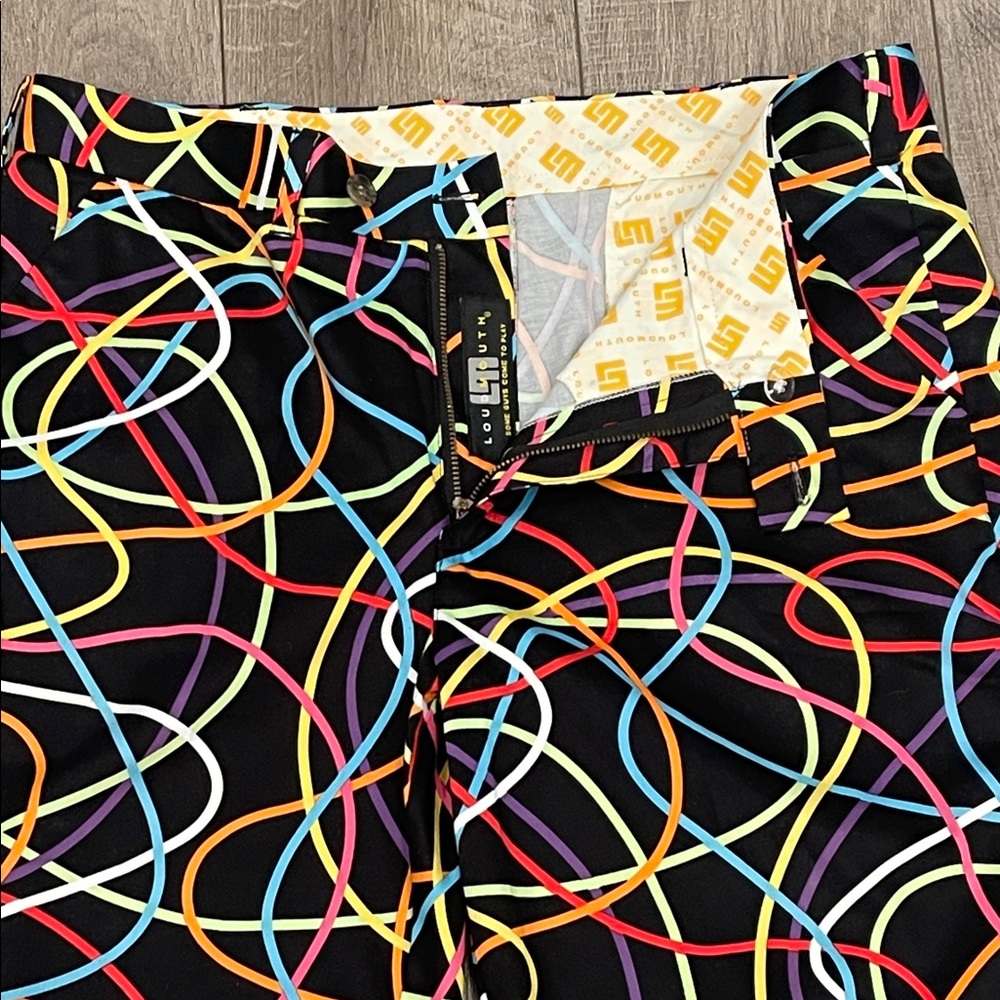 Loudmouth Black Shorts with Vibrant Scribble Bermuda Swirl Gold Shorts Size 36 - Picture 6 of 10